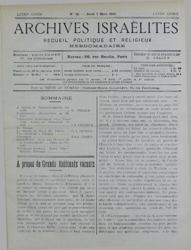 Archives israélites de France. Vol.73 N°10 (07 mars 1912)